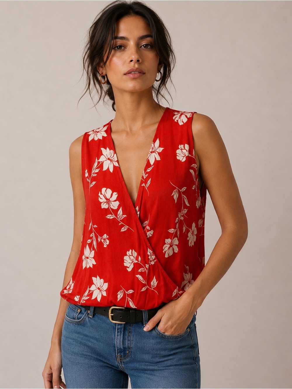 Lush Red Floral Surplice Openback Sleeveless Camisole - Size Small